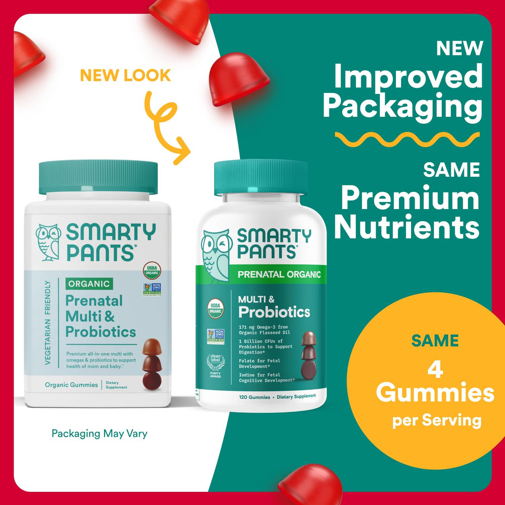 SmartyPants prenatal gummies on table for daily nutrition.