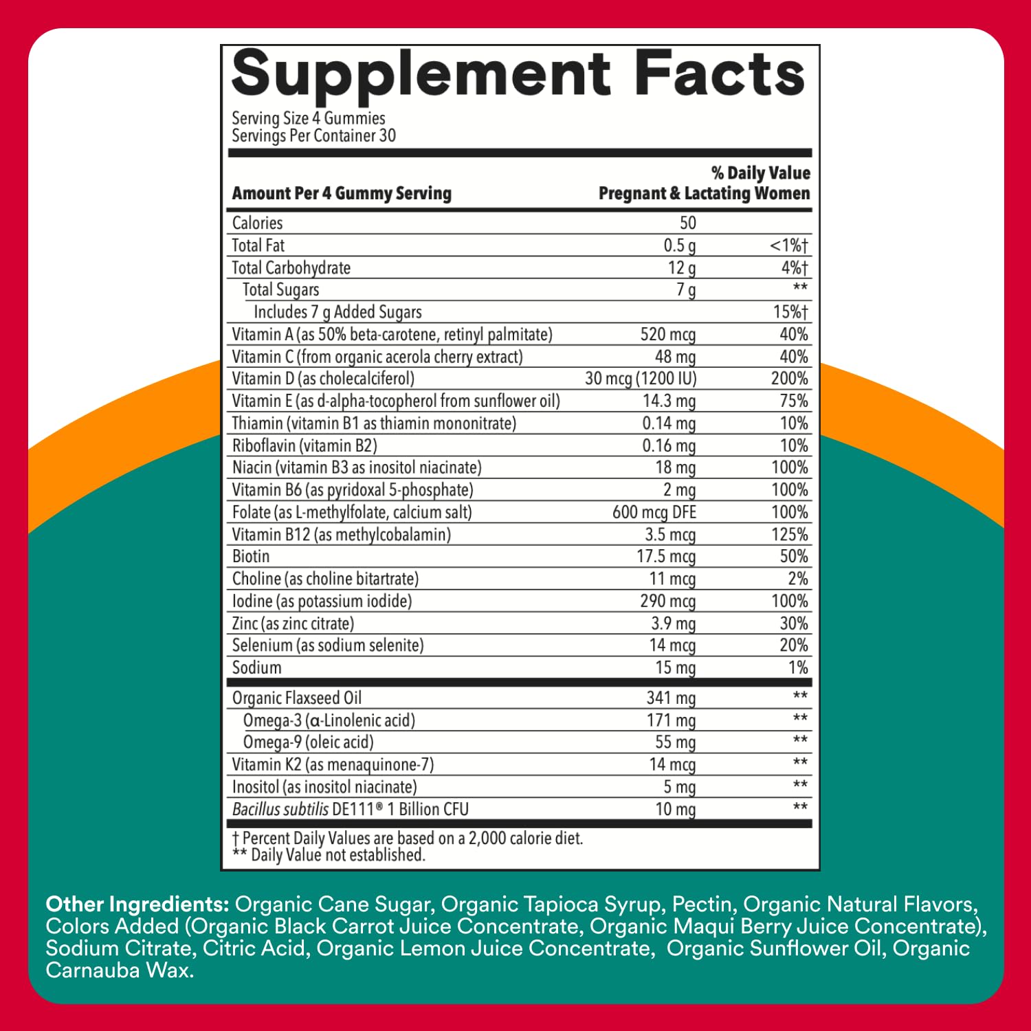 Label close-up showing organic, vegetarian formula in SmartyPants prenatal.