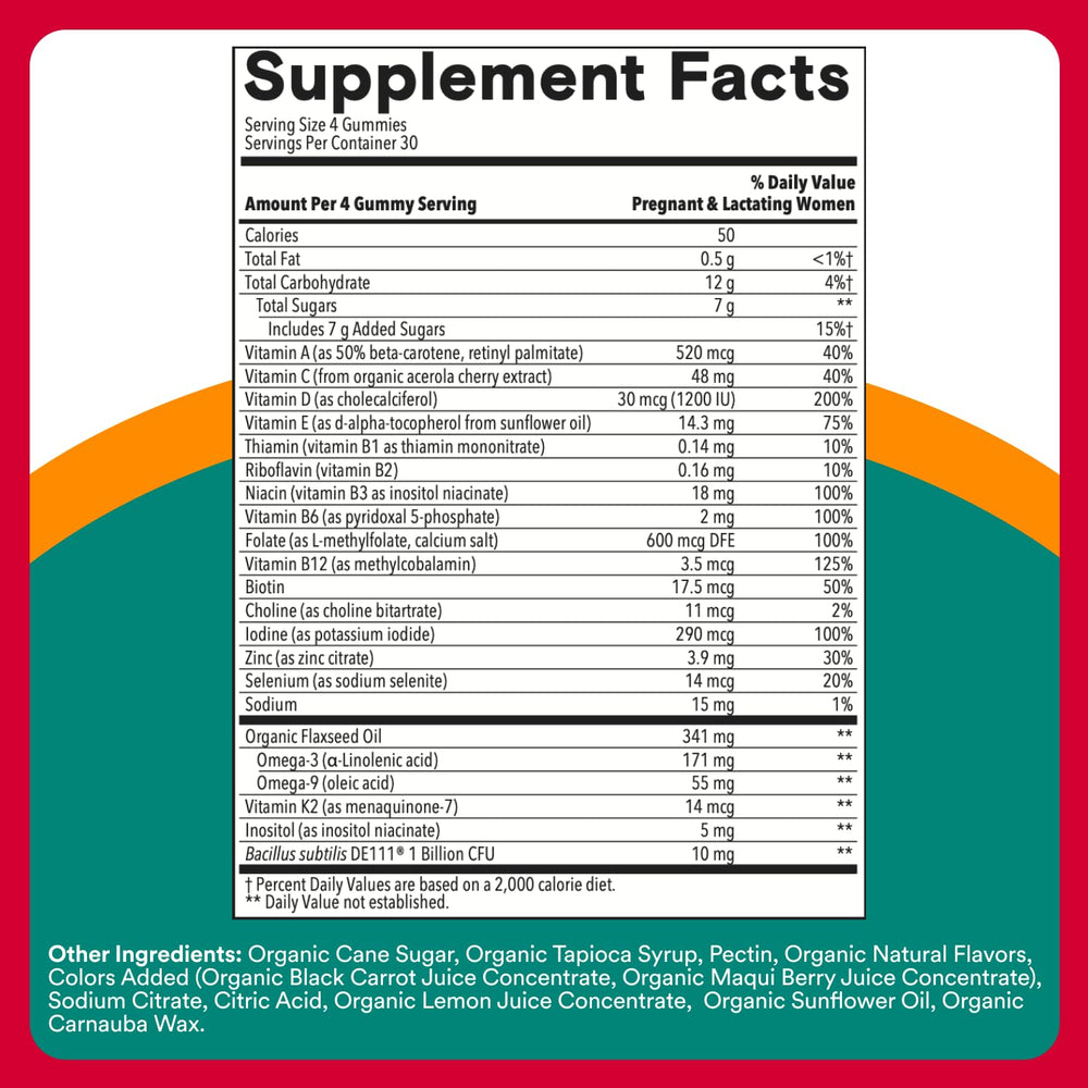 Label close-up showing organic, vegetarian formula in SmartyPants prenatal.