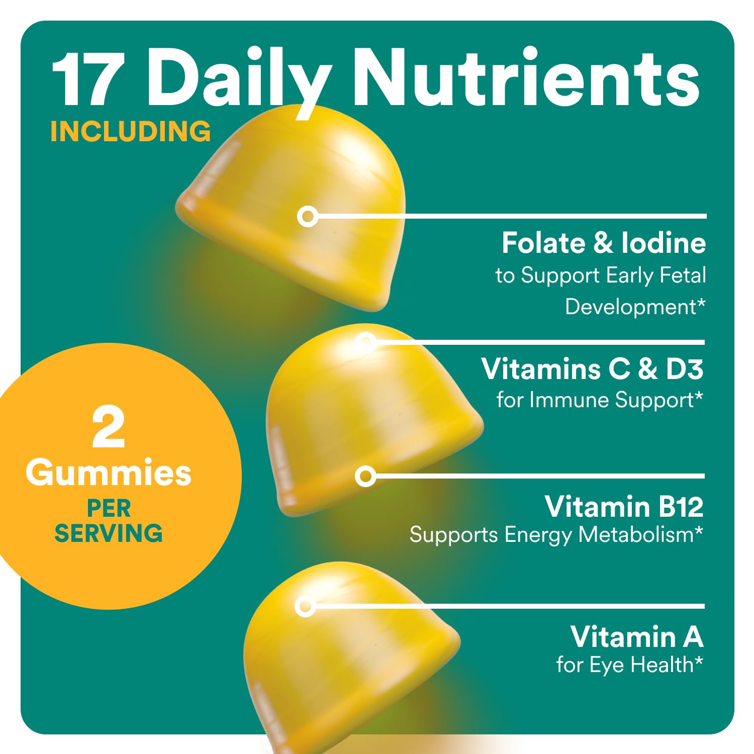 SmartyPants Prenatal bottle nutrition facts panel emphasizes 17 nutrients.