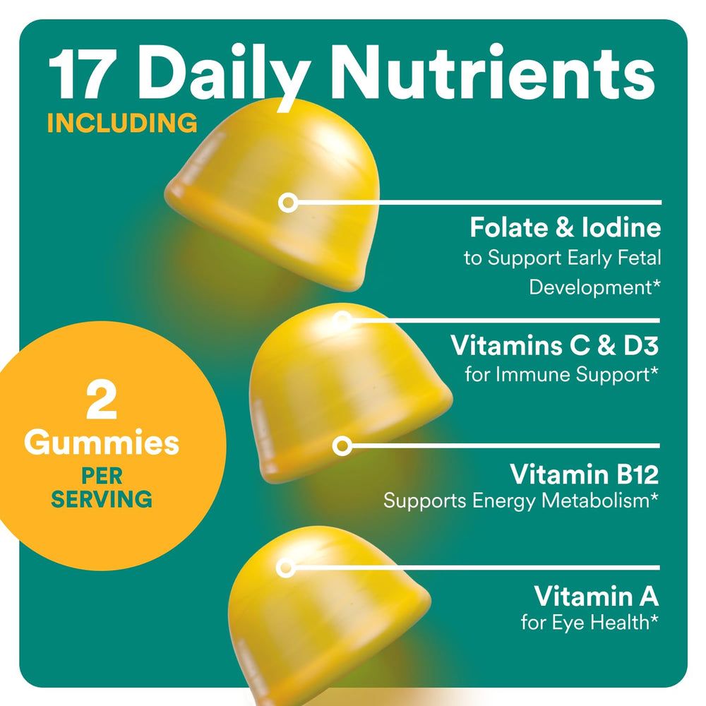 SmartyPants Prenatal bottle nutrition facts panel emphasizes 17 nutrients.