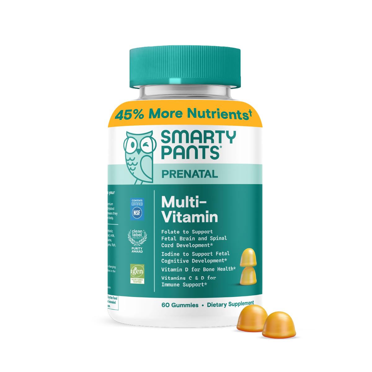 SmartyPants Prenatal Gummies bottle closeup with lemon flavor for daily prenatal nutrition.