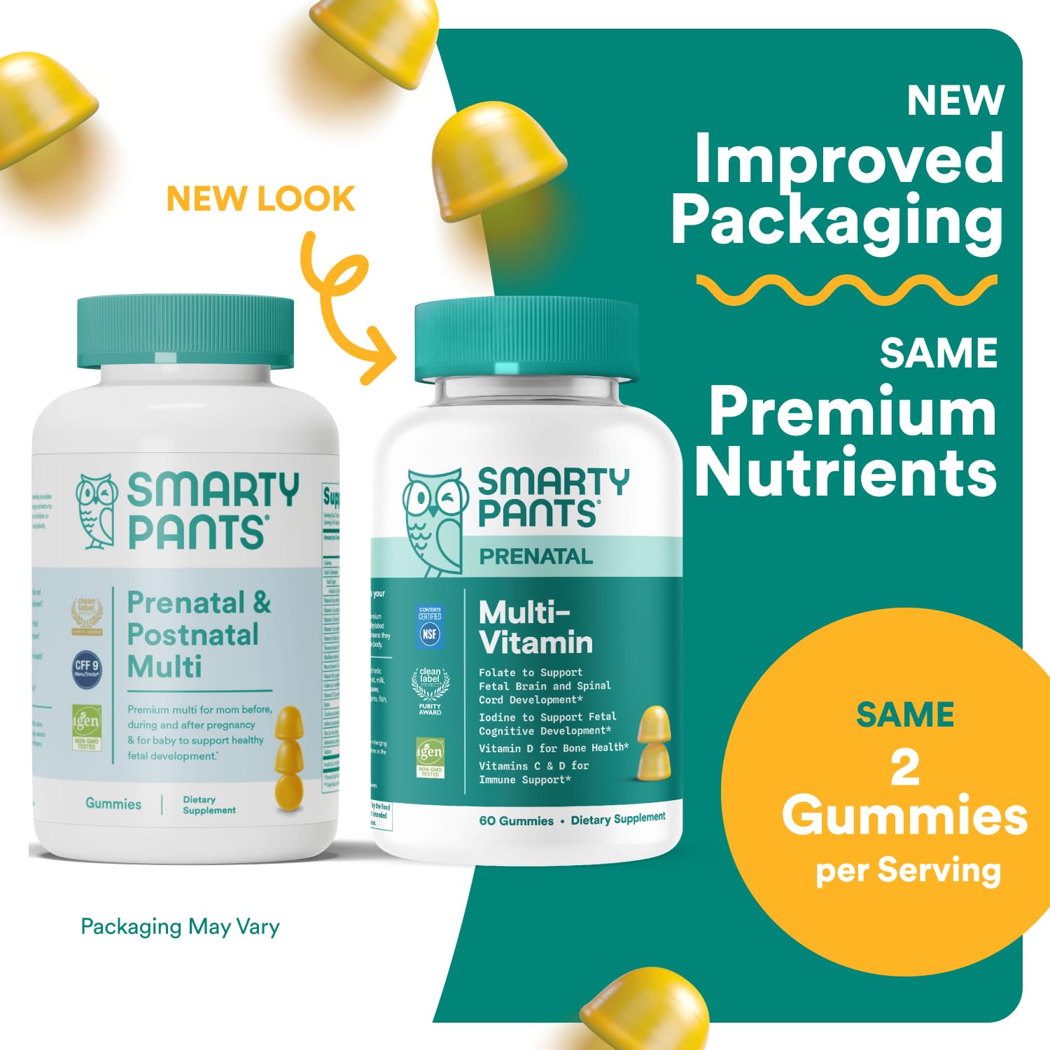 SmartyPants Prenatal Gummies lemon serving shows two gummies for daily use.