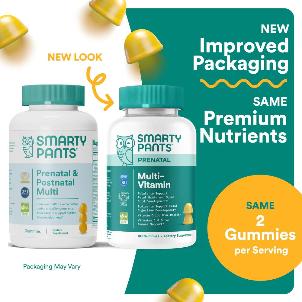 SmartyPants Prenatal Gummies lemon serving shows two gummies for daily use.