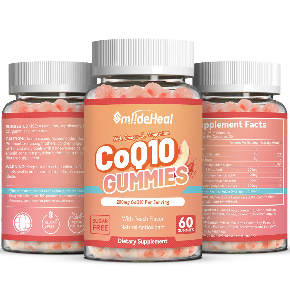 SmildeHeal CoQ10 Gummies ingredient panel shows vegan, sugar-free formulation.