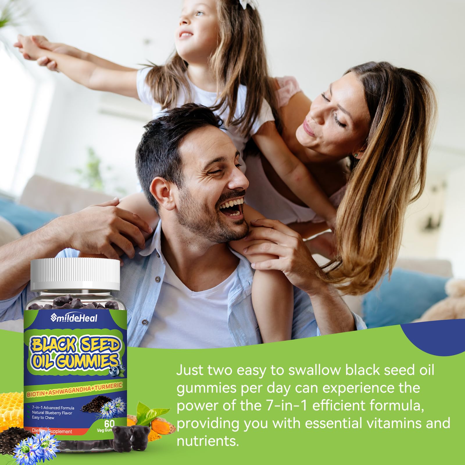 SmildeHeal gummies paired with a skincare setup imply hair and skin care benefits.