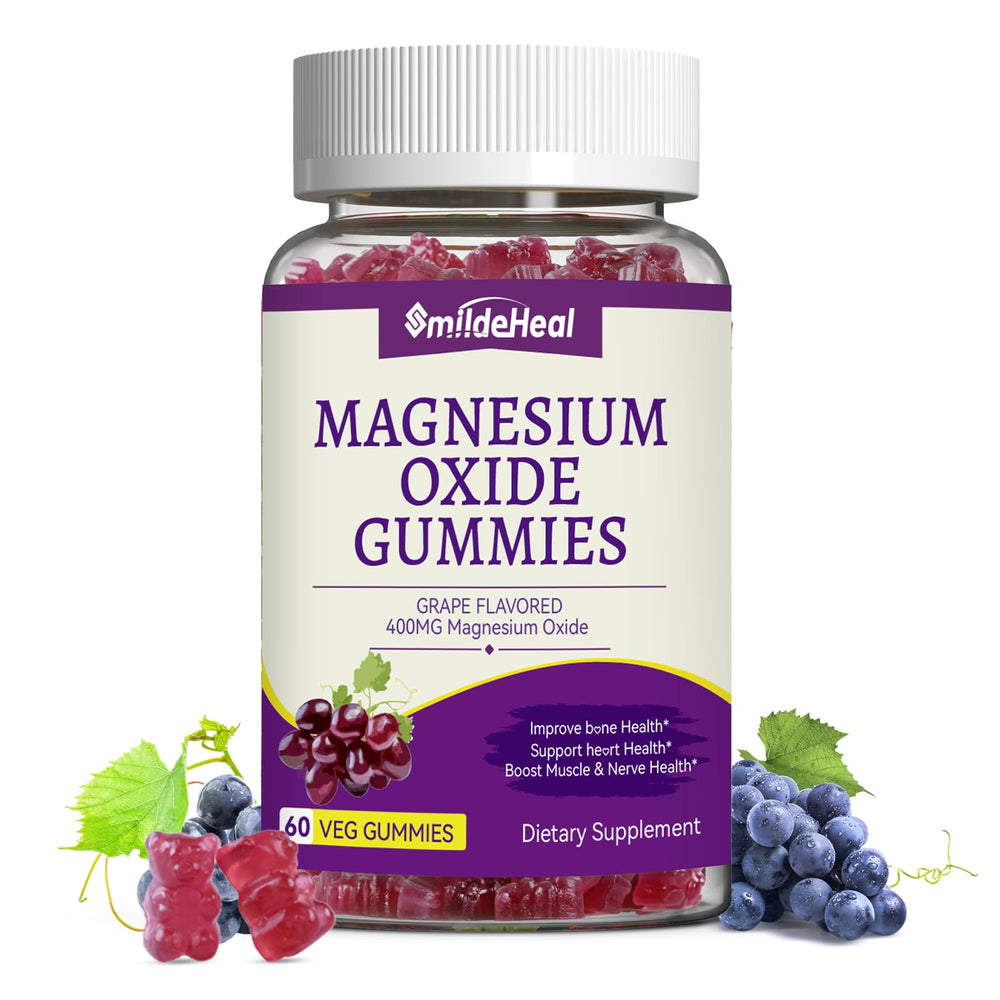 SmildeHeal Magnesium Oxide Gummies jar on a table, convenient sugar-free daily supplement.