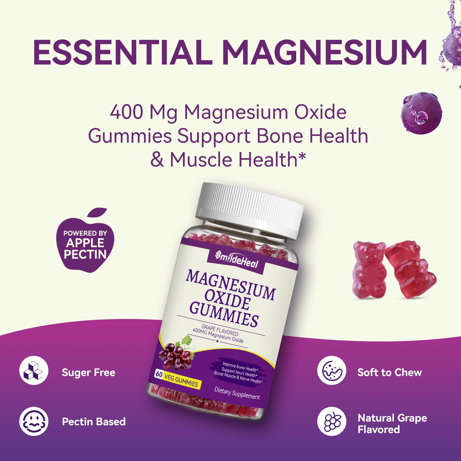 SmildeHeal gummies feature plant-based pectin texture, vegan-friendly magnesium chewables.
