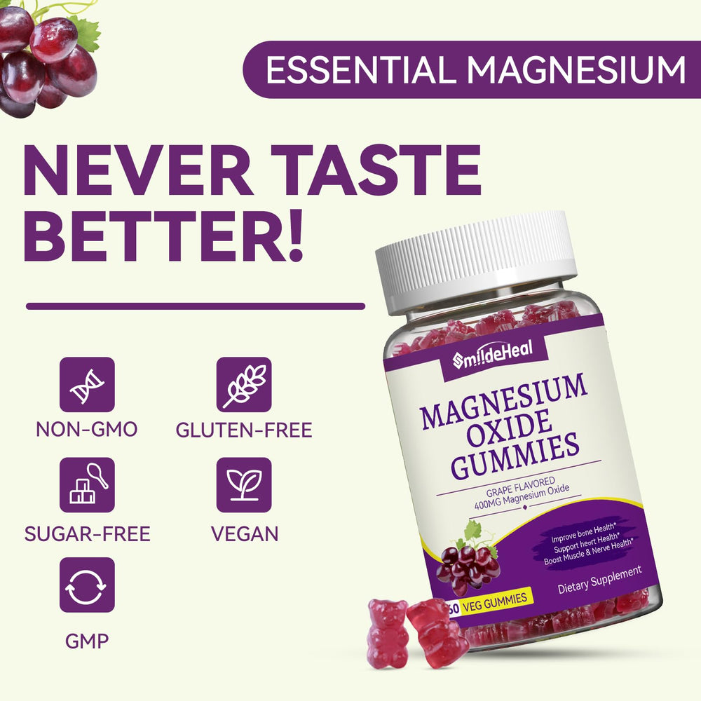 SmildeHeal gummies with grape flavor, sugar-free chewable magnesium.