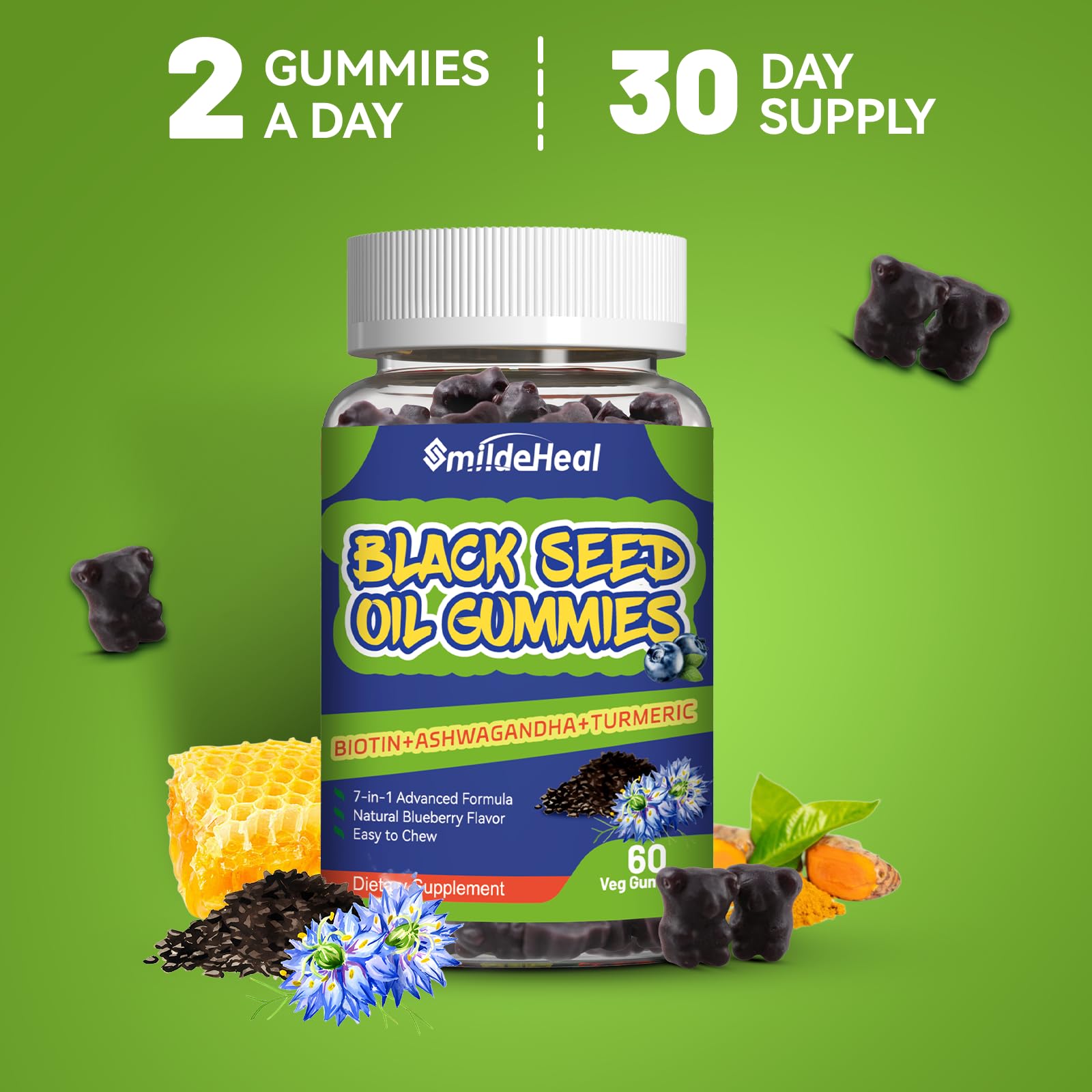 SmildeHeal organic black seed oil gummies with clean label packaging.