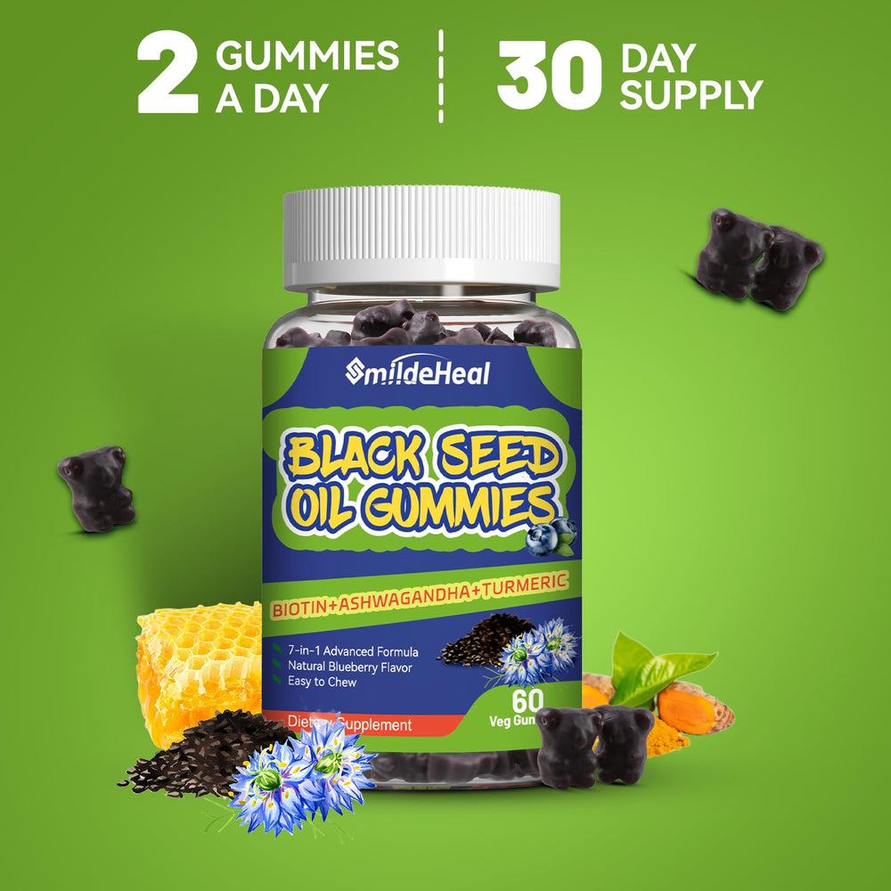 SmildeHeal organic black seed oil gummies with clean label packaging.