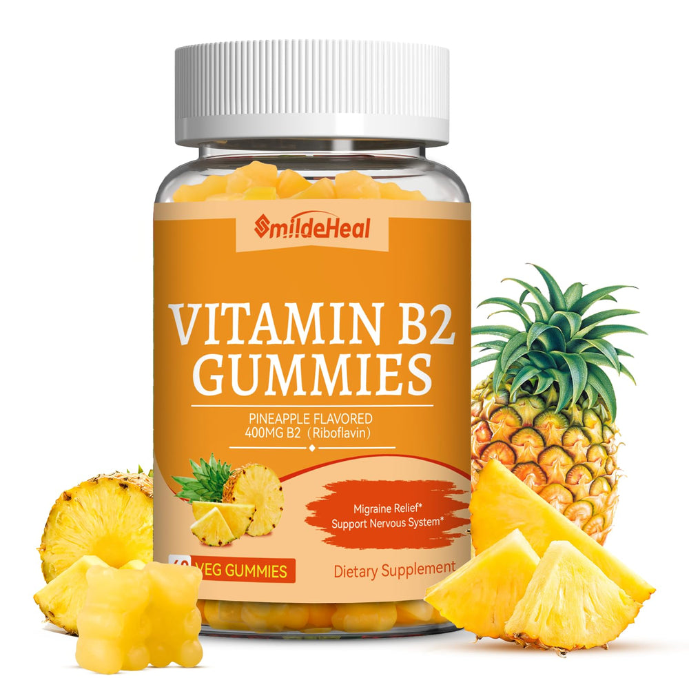 SmildeHeal Vitamin B2 Gummies bottle closeup for convenient energy support.