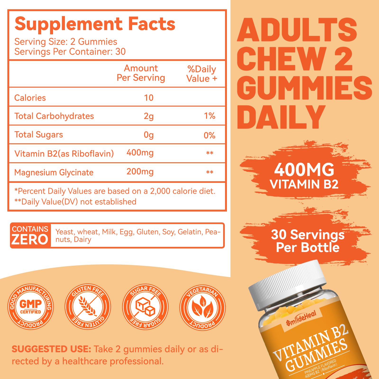 SmildeHeal Vitamin B2 Gummies pineapple flavor closeup, vegan daily energy uplift.