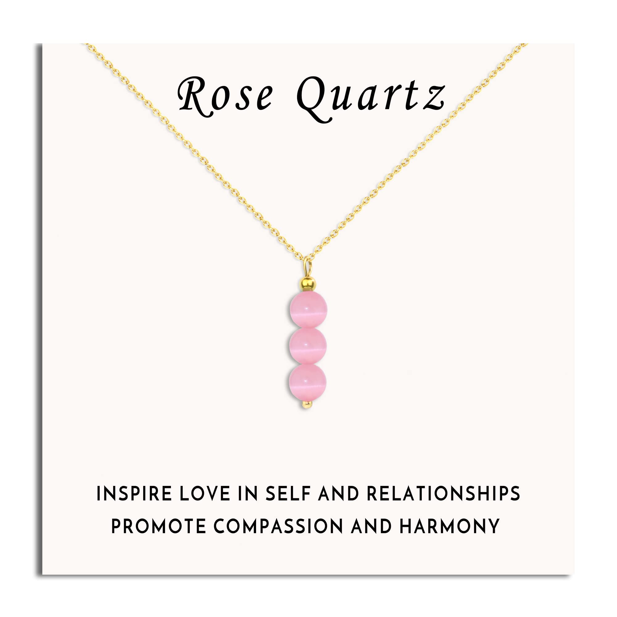 SmileBelle Rose Quartz Necklace close-up with pink beads, ideal for everyday wear.