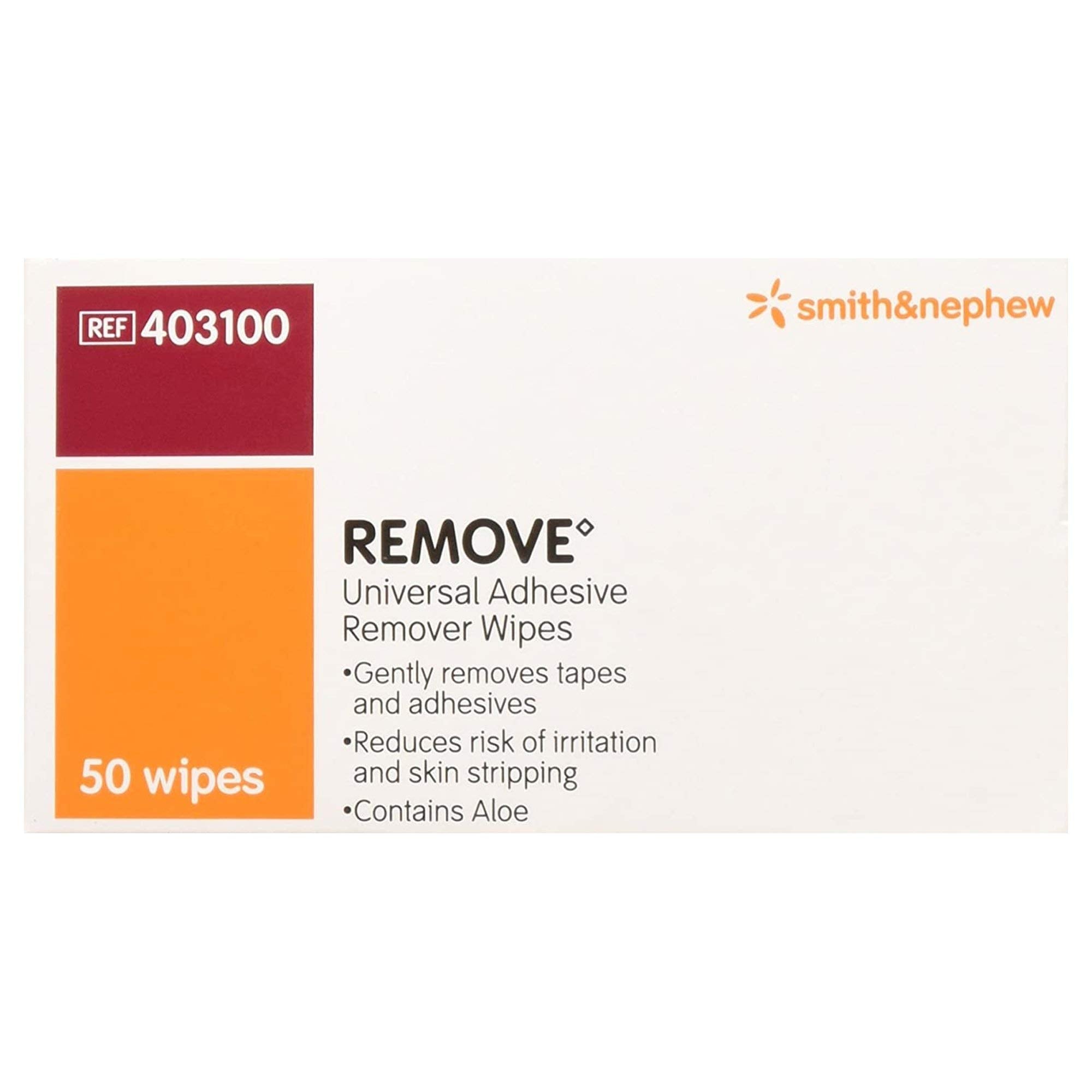 Smith & Nephew adhesive remover wipes close-up showing moisturizing aloe for skin.