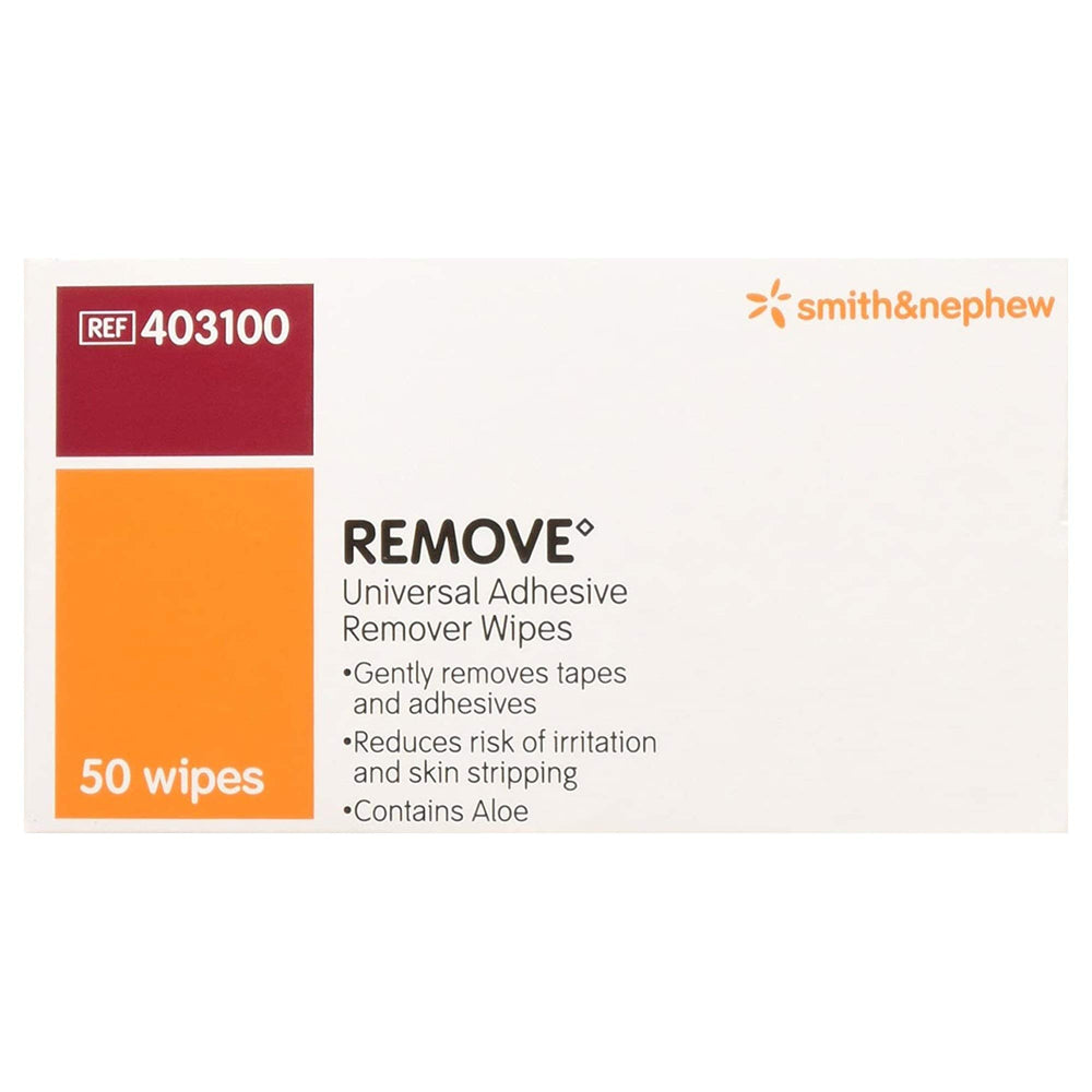 Smith & Nephew adhesive remover wipes close-up showing moisturizing aloe for skin.