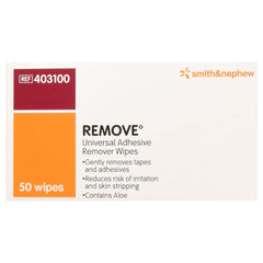 Smith & Nephew adhesive remover wipes close-up showing moisturizing aloe for skin.