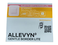 Smith & Nephew Allevyn Gentle Border Lite dressing in a 2x2 box with easy application.