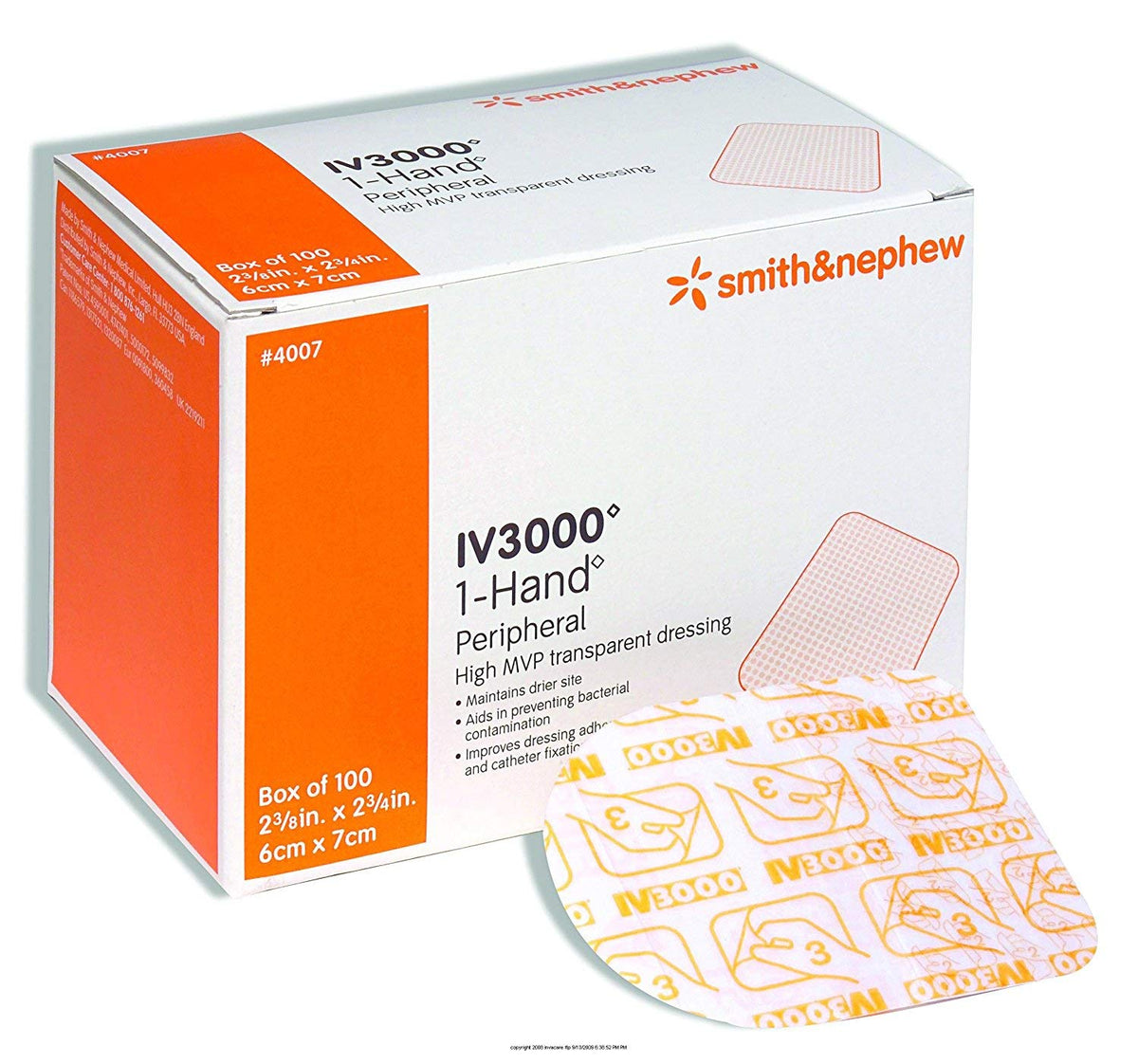 Smith & Nephew IV 3000 transparent adhesive dressing provides clear visibility and barrier protection.