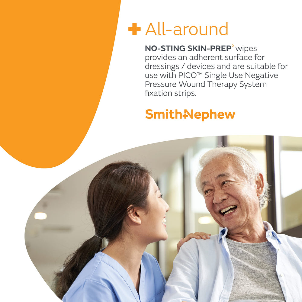 Individually wrapped NO-STING Skin-PREP wipes for convenient sterile use.