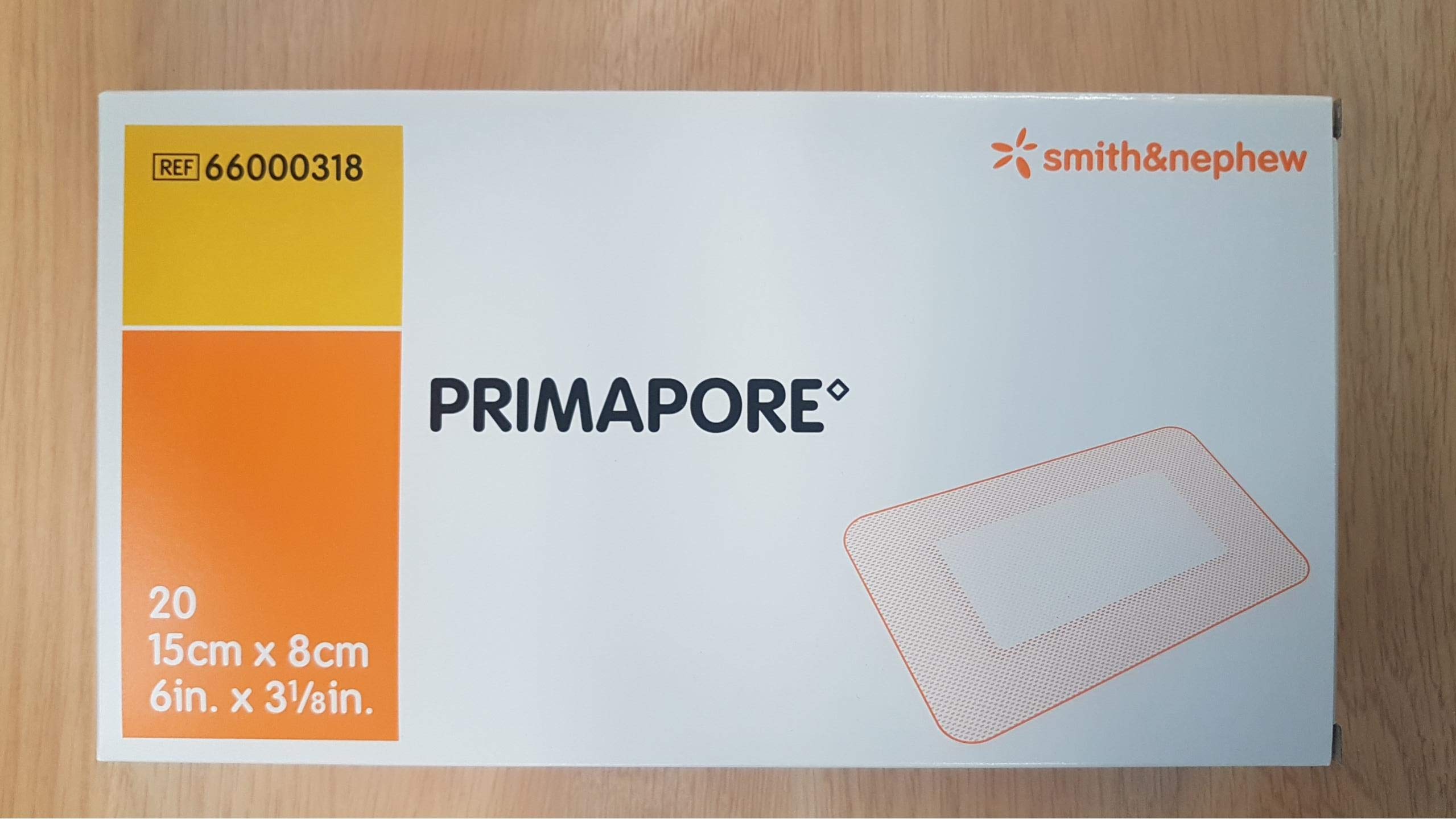 Smith & Nephew Primapore dressing in sterile box, ready for use.