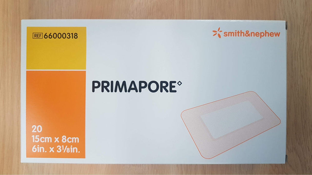 Smith & Nephew Primapore dressing in sterile box, ready for use.