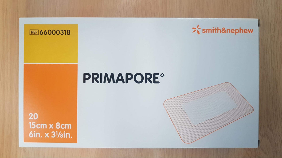 Smith & Nephew Primapore dressing in sterile box, ready for use.