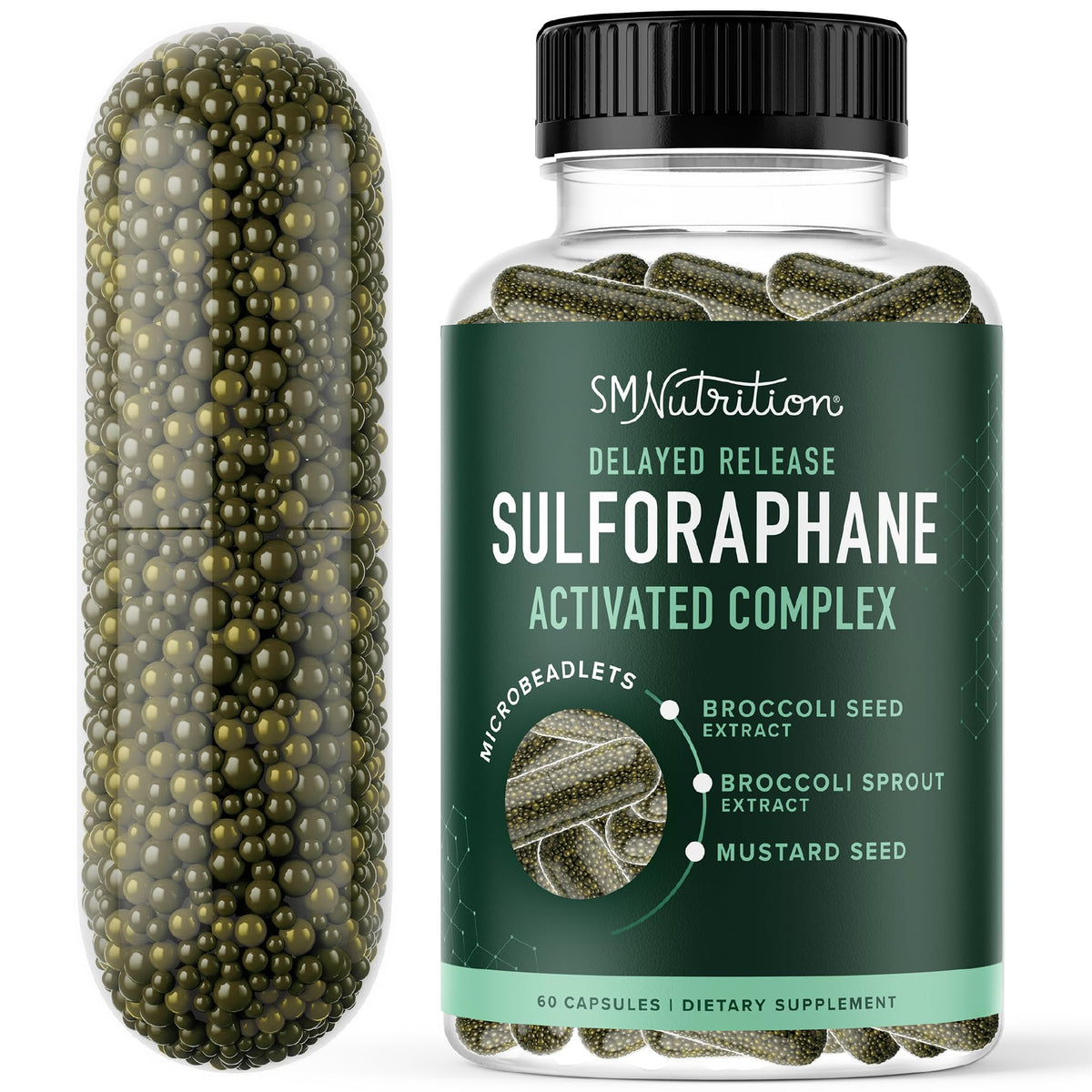 SMNutrition 50mg sulforaphane bottle highlighting activated broccoli sprouts for cellular support.