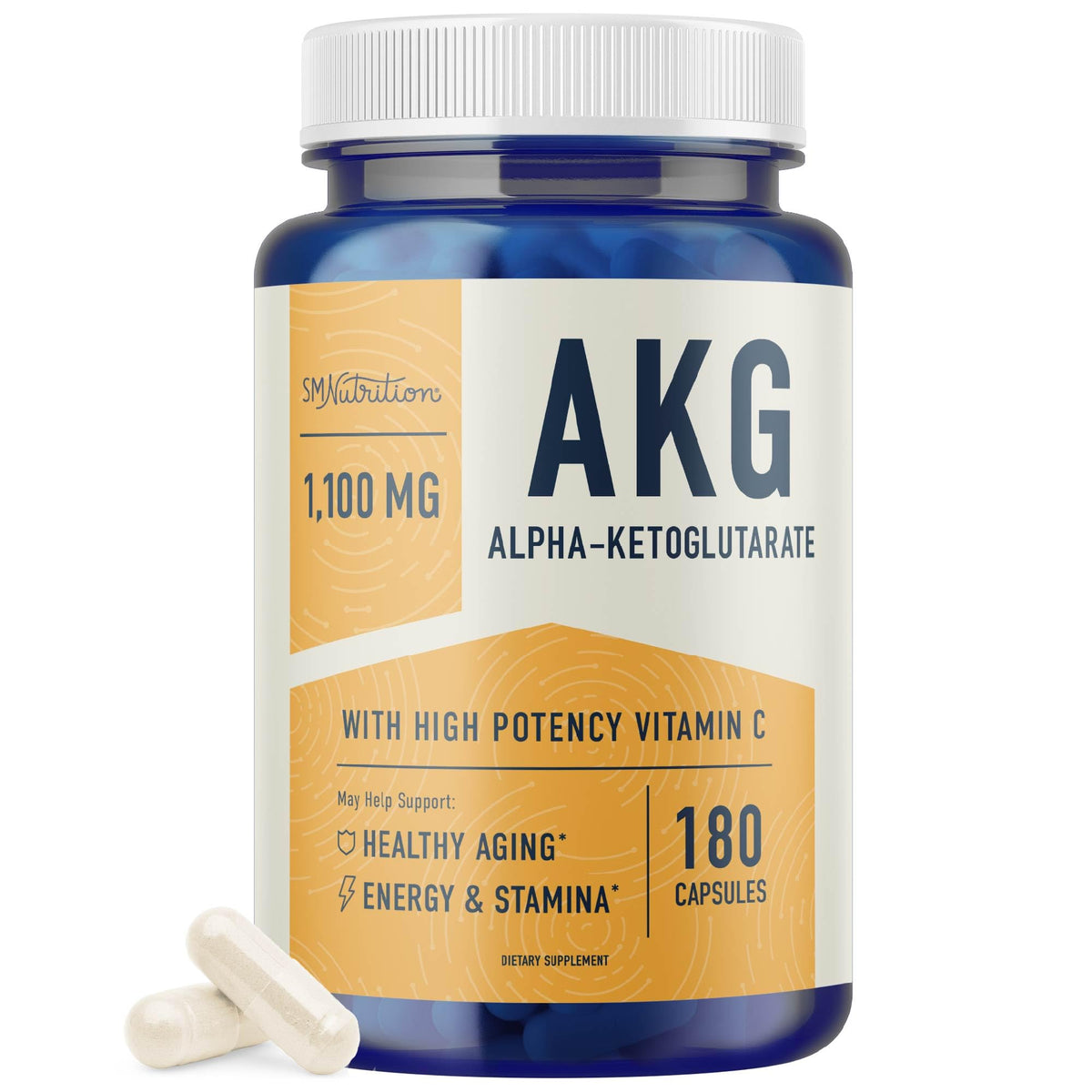 SMNutrition AKG supplement bottle front view highlighting 1100mg per serving and premium formula