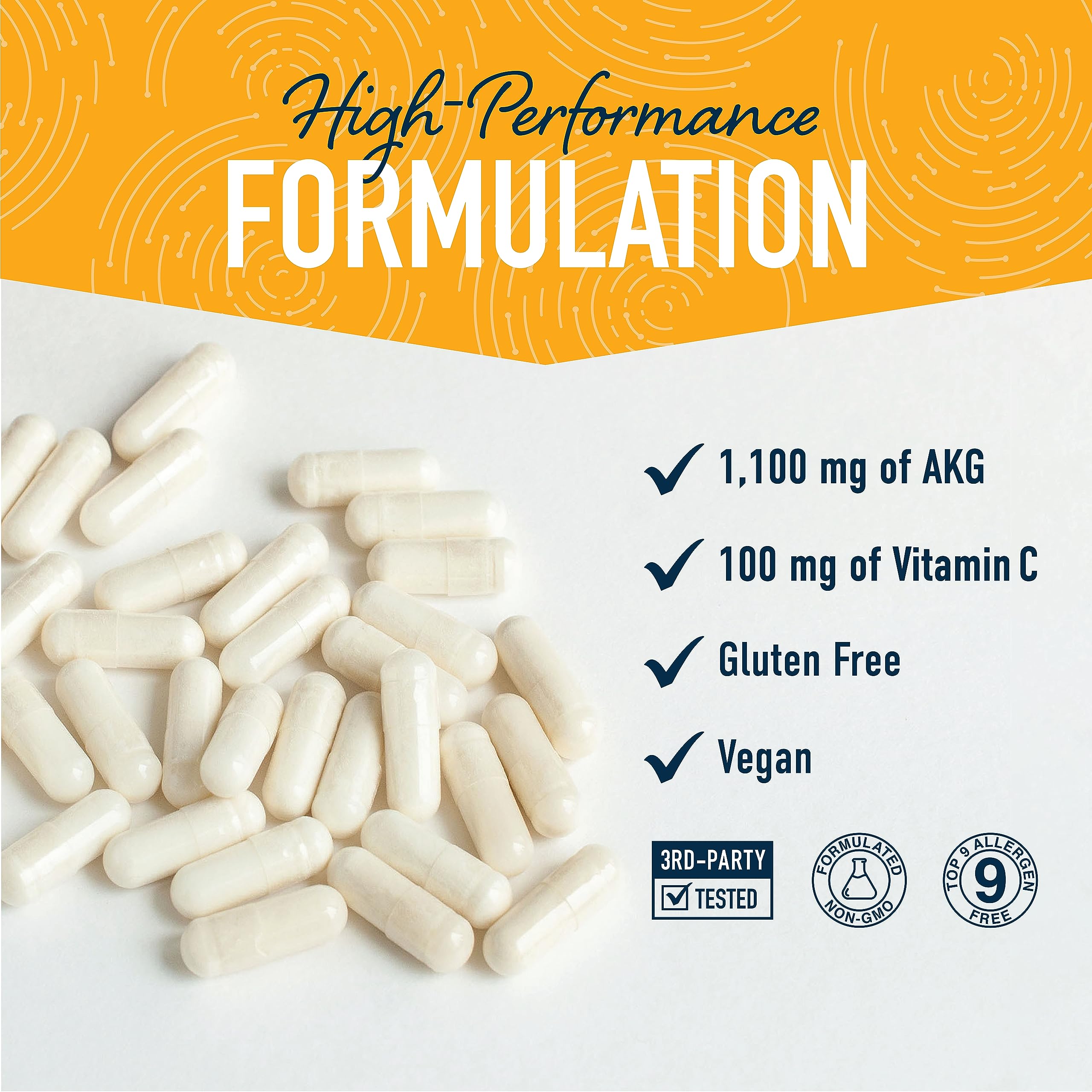 SMNutrition AKG capsules poured to reveal easy to swallow size and convenience