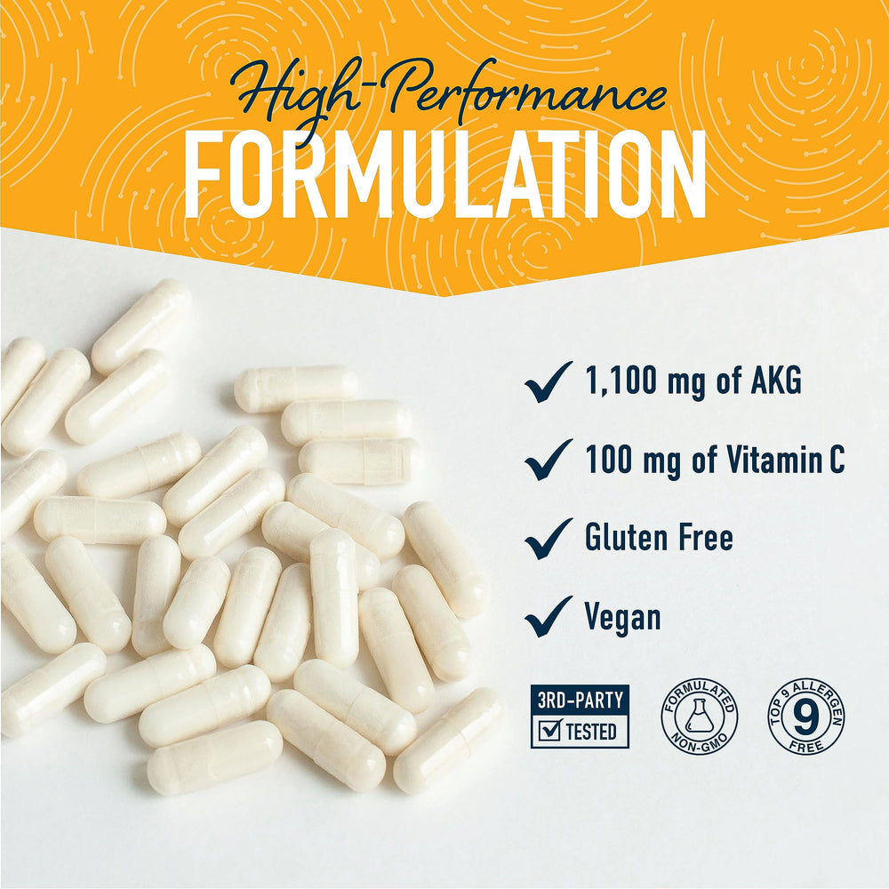 SMNutrition AKG capsules poured to reveal easy to swallow size and convenience