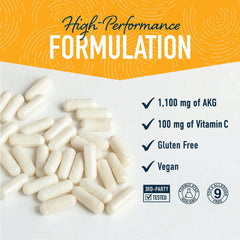 SMNutrition AKG capsules poured to reveal easy to swallow size and convenience