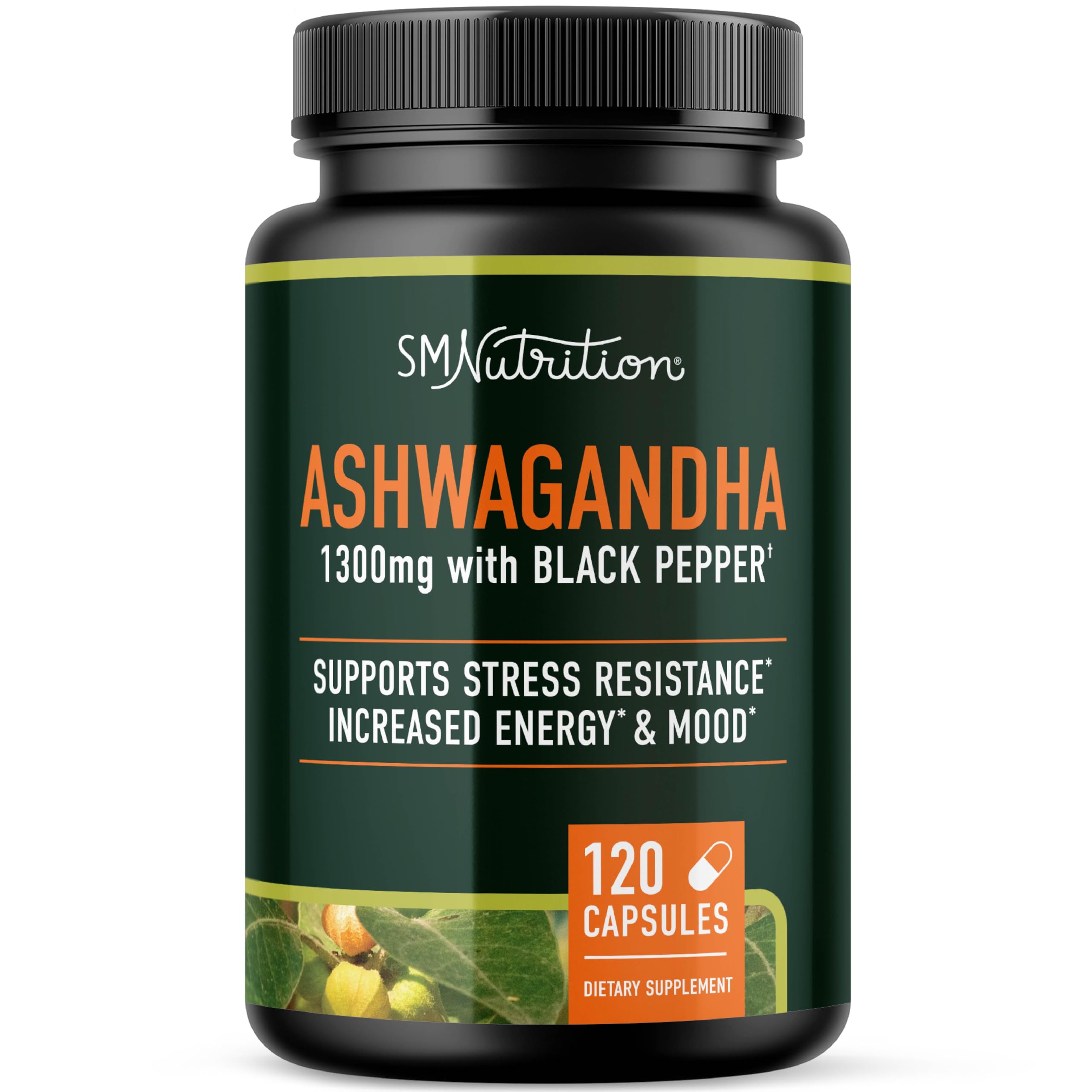 SMNutrition Ashwagandha bottle with capsules for daily stress support.