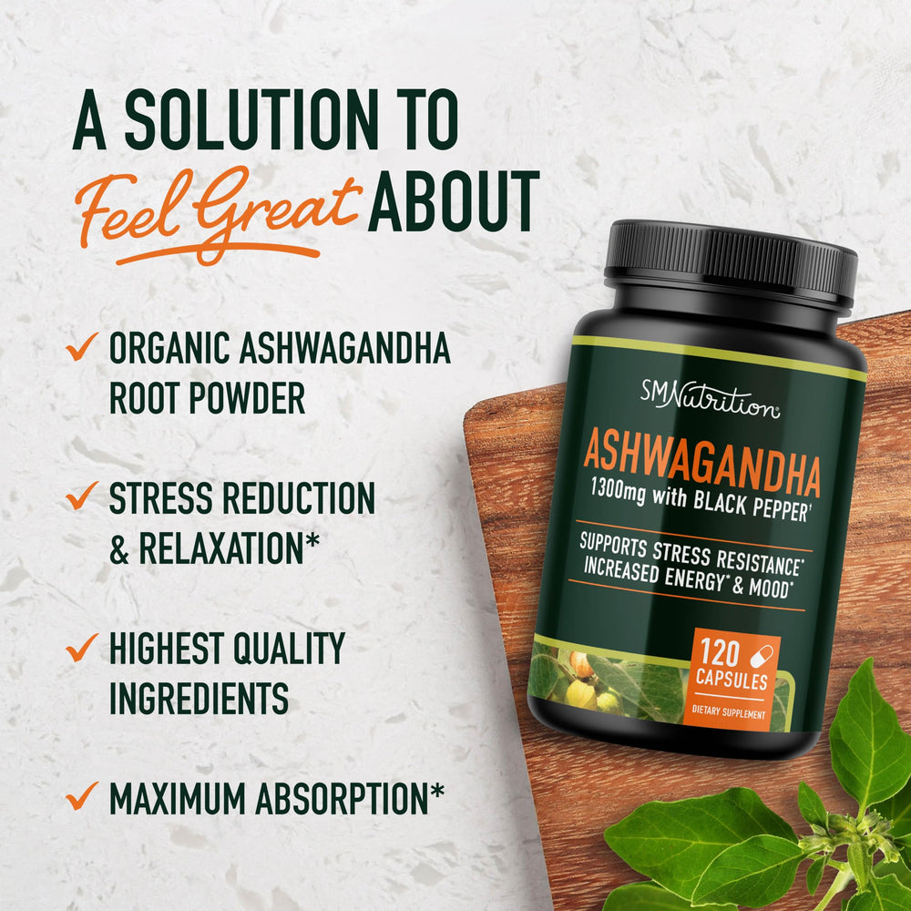 Close-up of SMNutrition Ashwagandha capsules showing high-absorption formula.