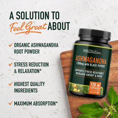 Close-up of SMNutrition Ashwagandha capsules showing high-absorption formula.
