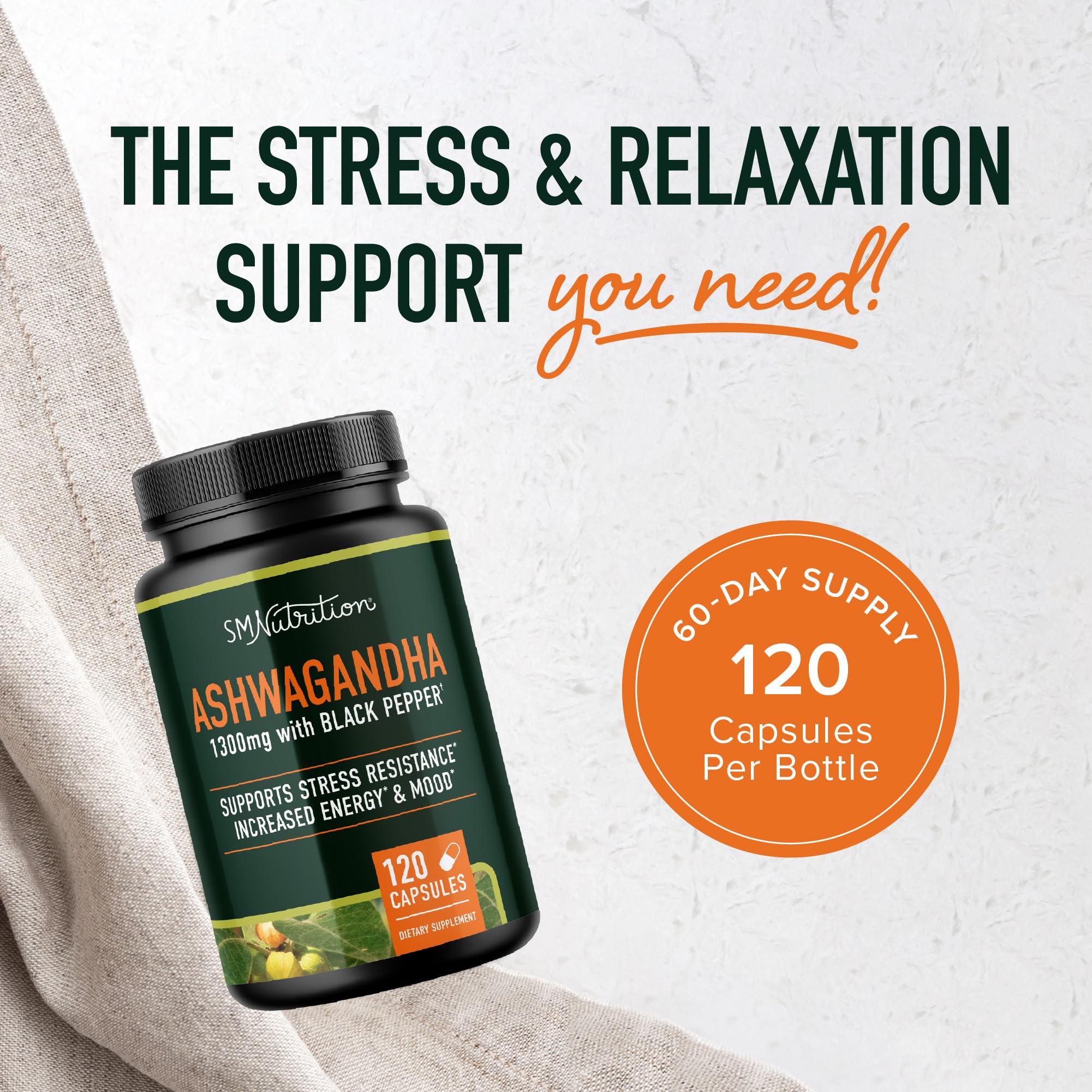 SMNutrition Ashwagandha bottle paired with black pepper indicating absorption boost.
