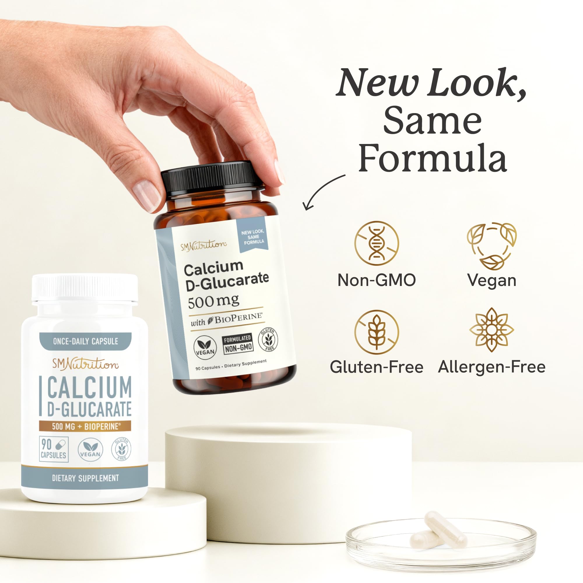 SMNutrition Calcium D-Glucarate capsules close-up highlighting capsule texture for easy intake.