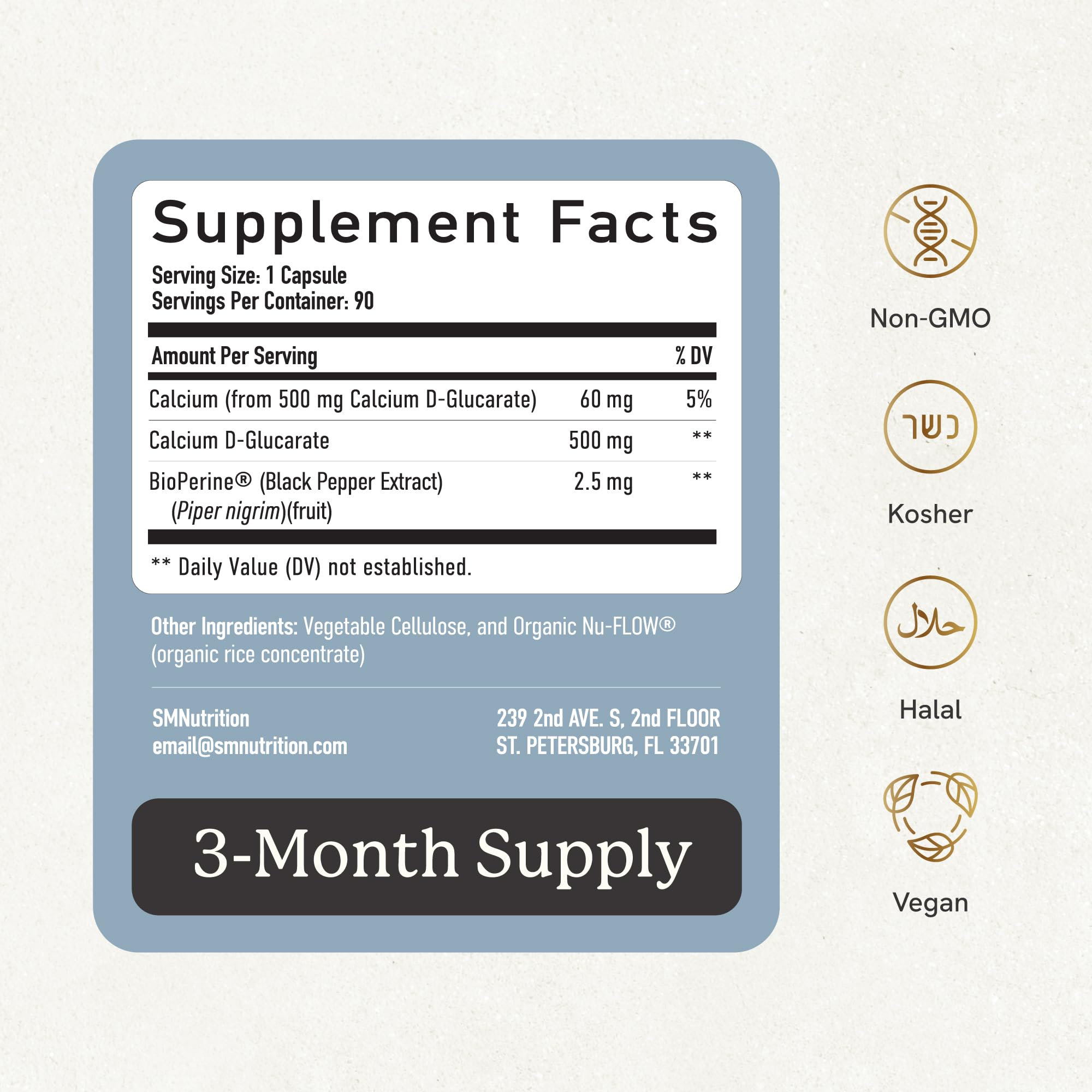 SMNutrition Calcium D-Glucarate packaging stand with clear design and product details.