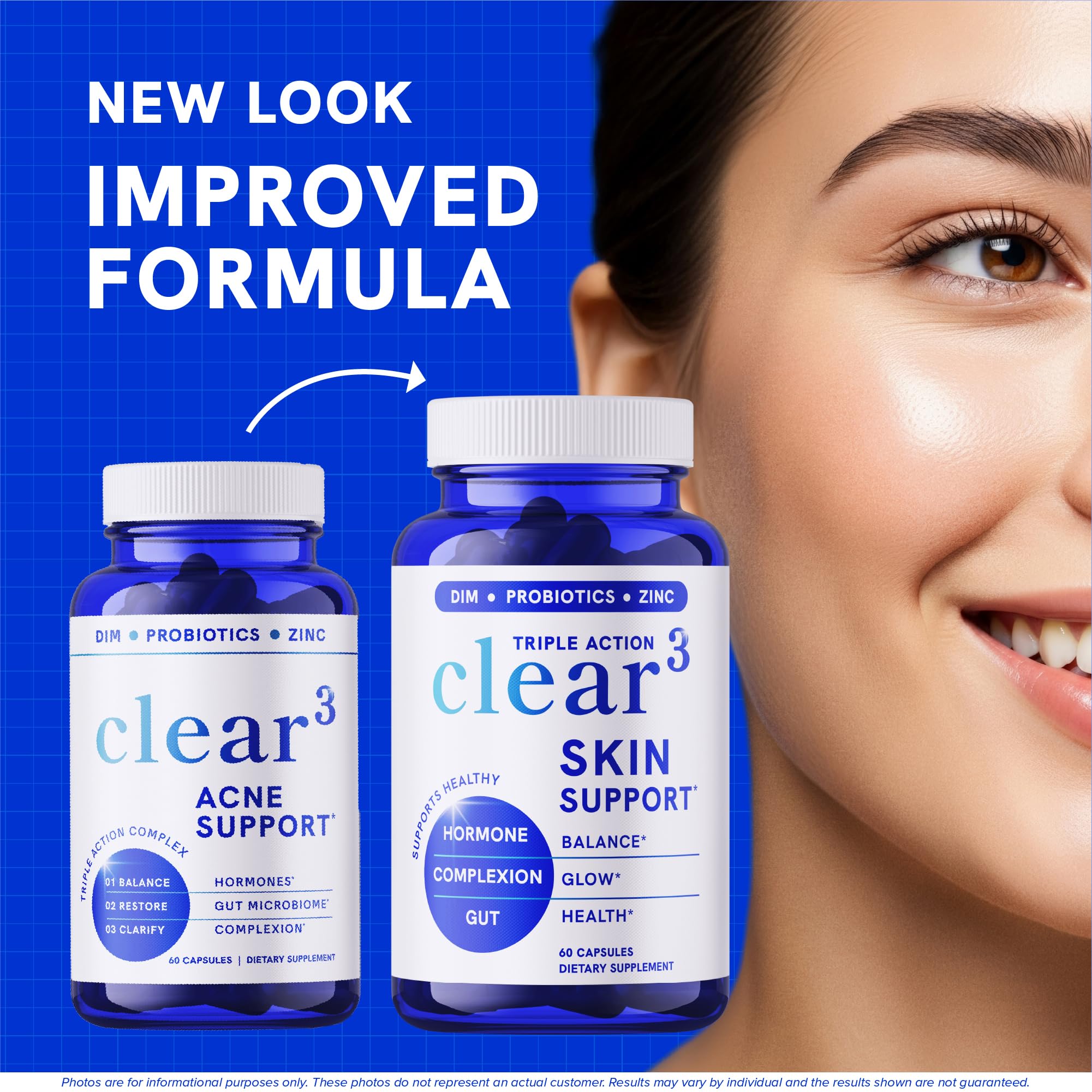 SMNutrition Clear-3 bottle-label closeup highlighting zinc, DIM and probiotic blend.