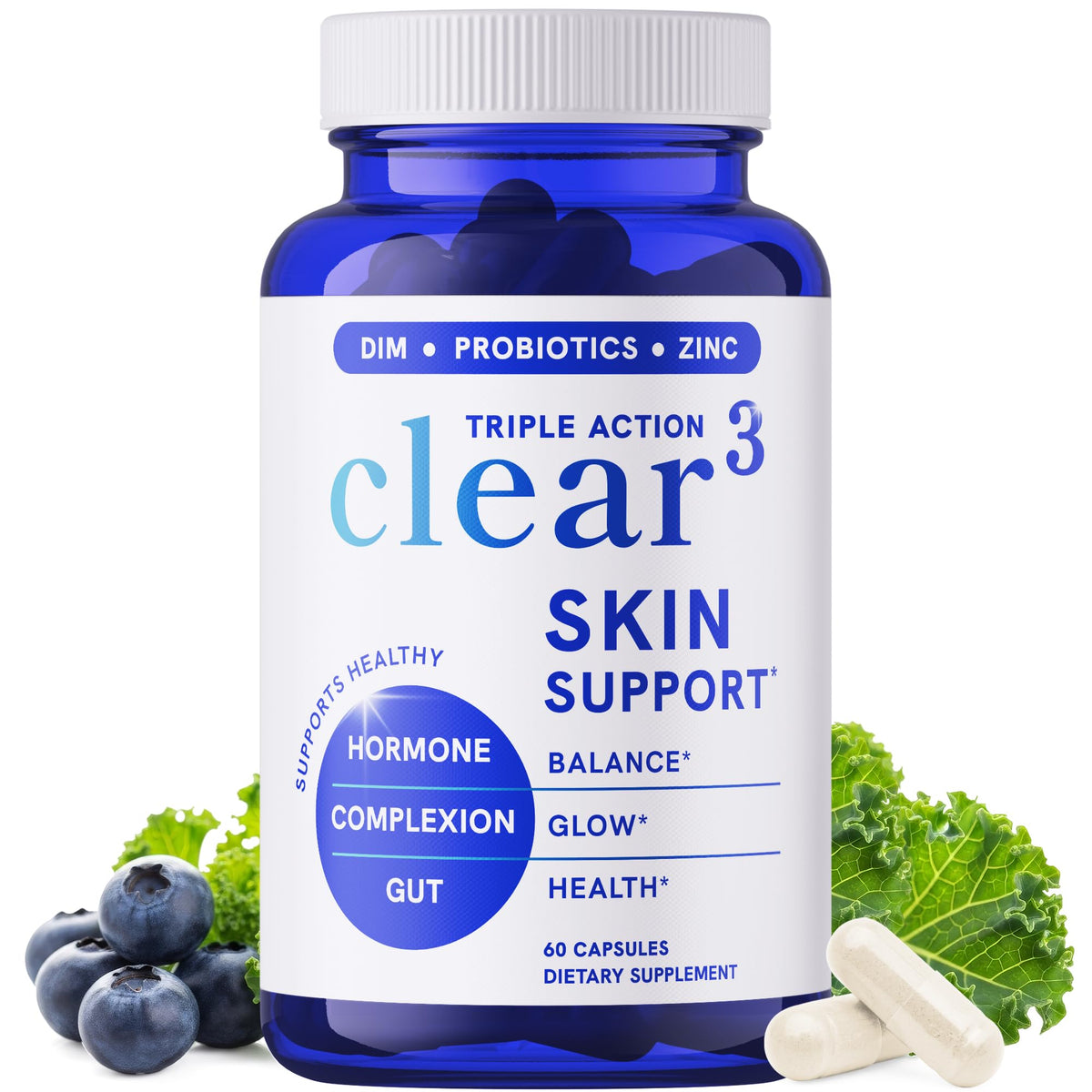 SMNutrition Clear-3 in-1 bottle-front promoting balanced hormones and radiant skin.