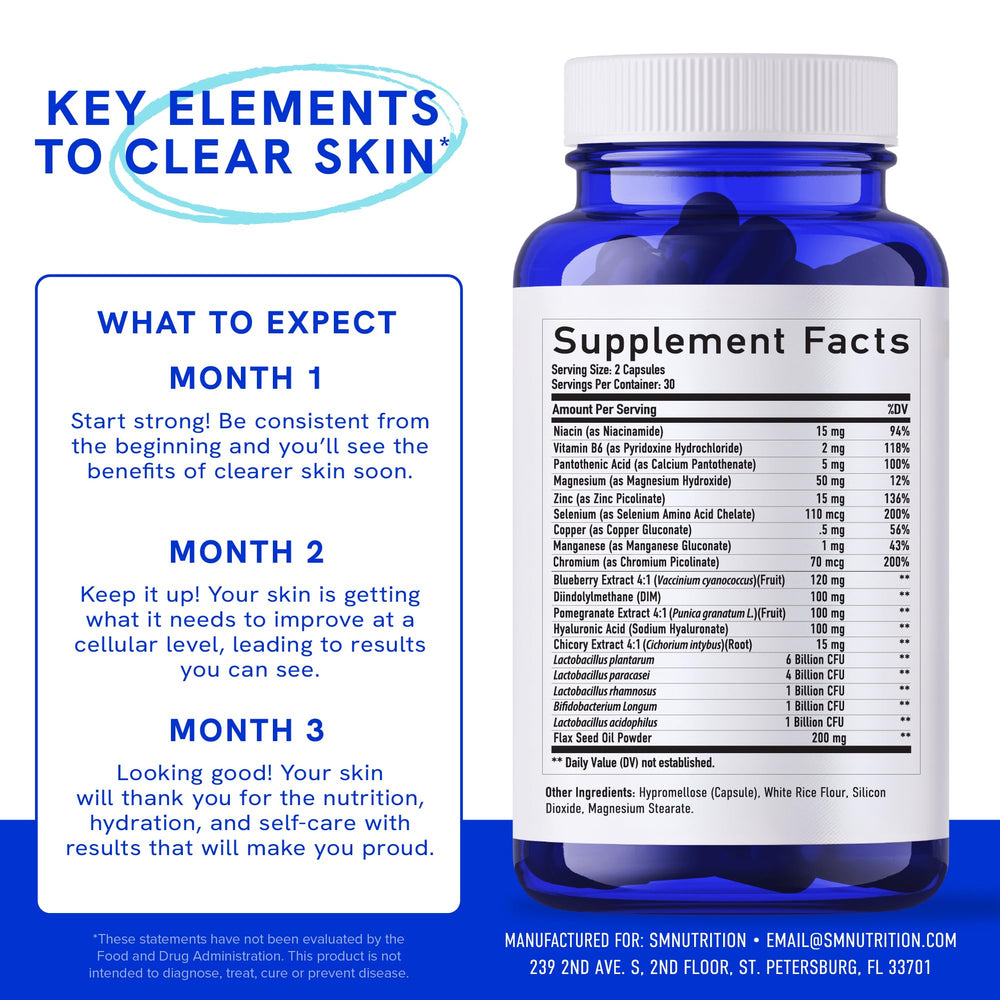 SMNutrition Clear-3 niacinamide and vitamins detail on bottle for healthy skin nutrients.
