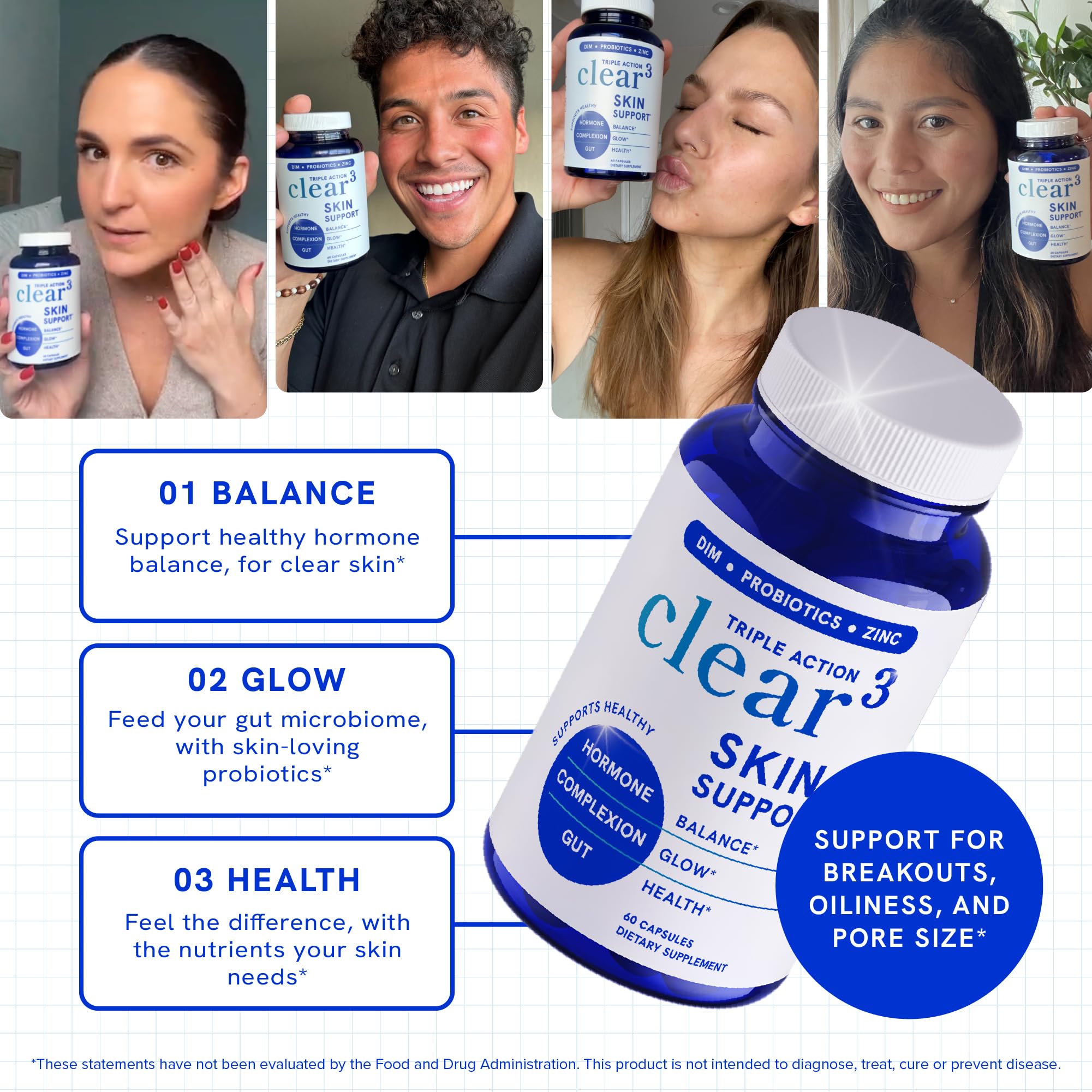SMNutrition Clear-3 pills daily-dose image suggesting a consistent skin support routine.
