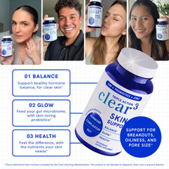 SMNutrition Clear-3 pills daily-dose image suggesting a consistent skin support routine.