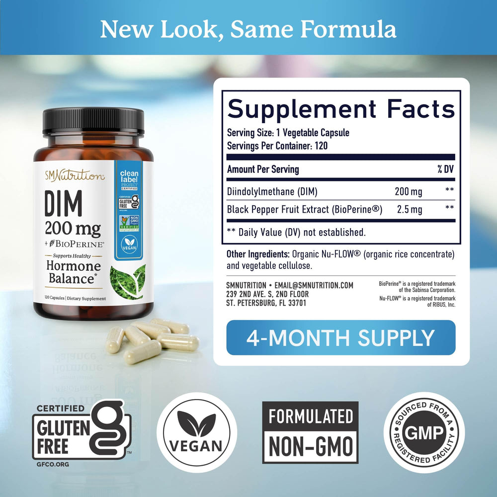 BioPerine included in SMNutrition DIM 200 mg for enhanced absorption.