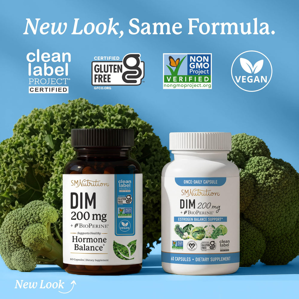 SMNutrition DIM 200 mg capsules arranged for daily hormone support.