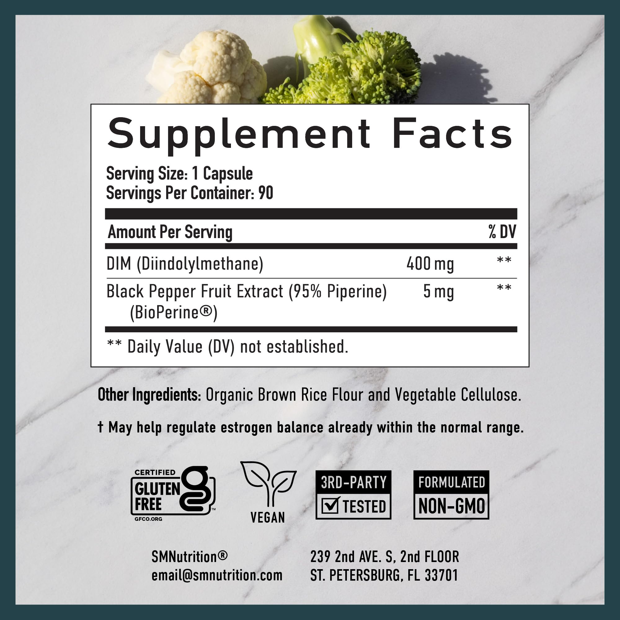 SMNutrition DIM 400mg ingredients panel highlights potent DIM blend