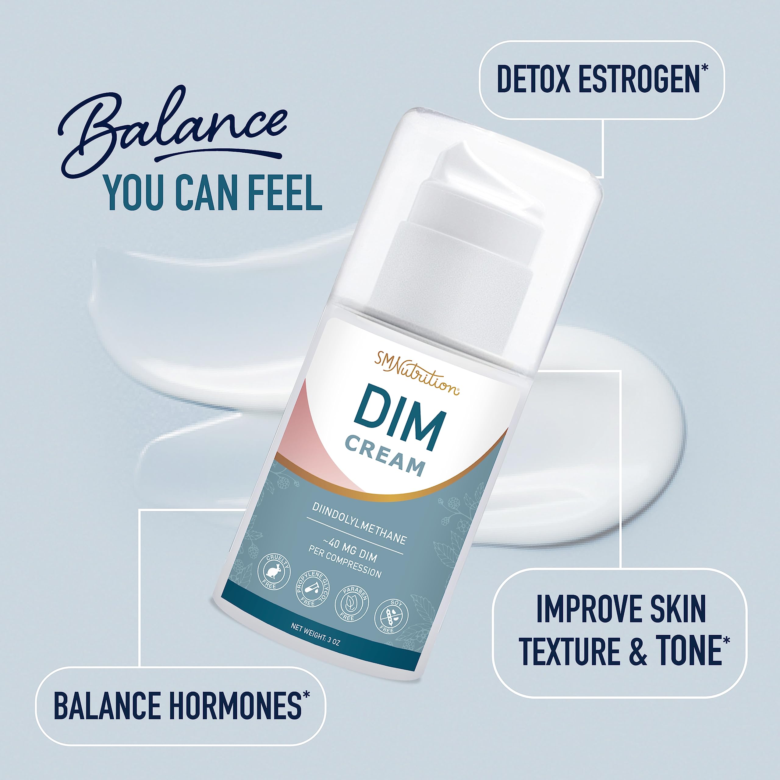 SMNutrition DIM Cream texture swirl on skin demonstrates moisturizing feel