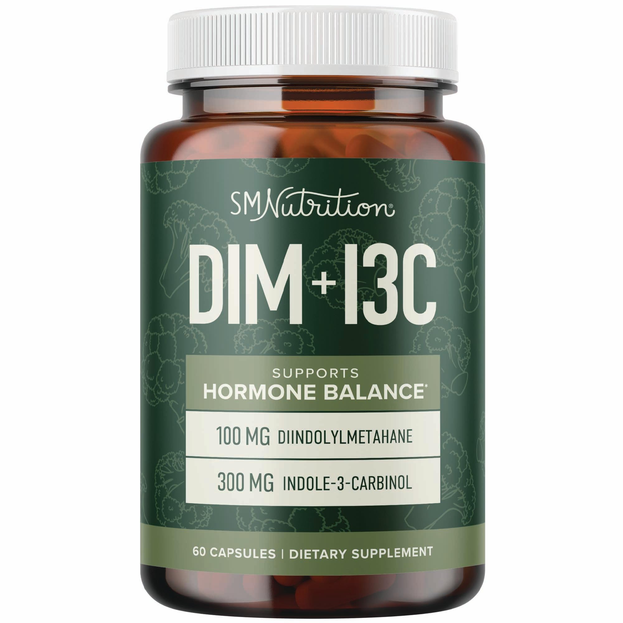 SMNutrition DIM & I3C bottle front shows easy hormone balance support