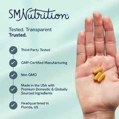SMNutrition GLP-1 Women capsules closeup highlights probiotic blend for gut support.