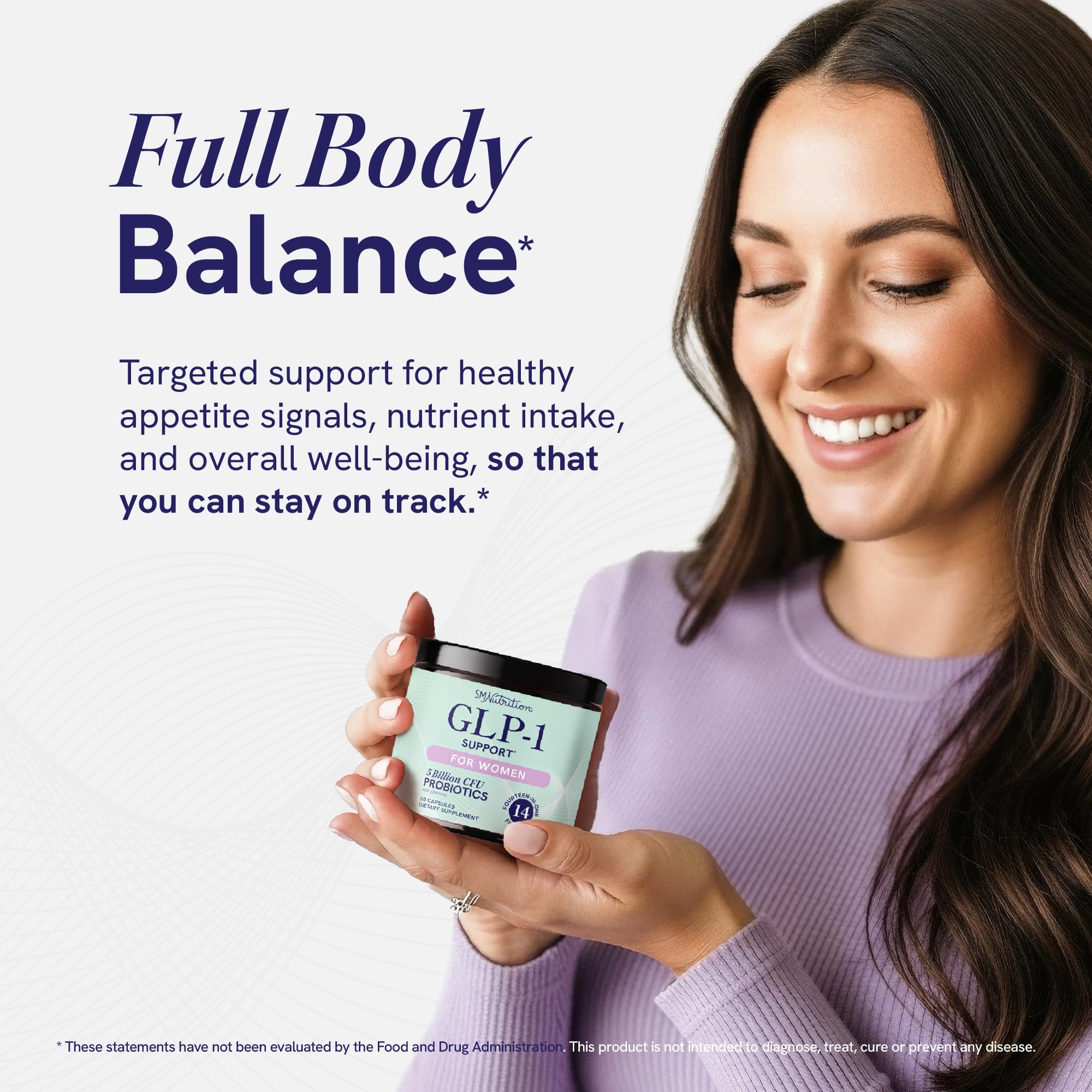 SMNutrition GLP-1 Women probiotics bottle illustrates digestive health benefits in daily routine.